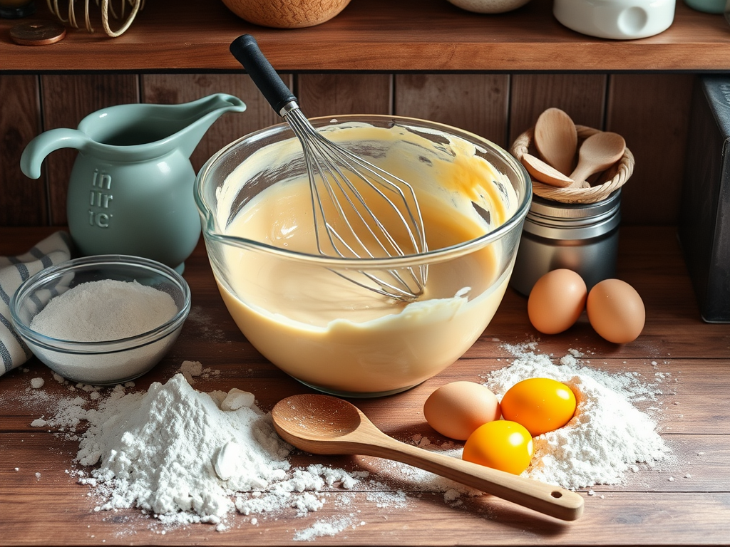 Een gezellige keuken met pannenkoekenbeslag en ingrediënten.