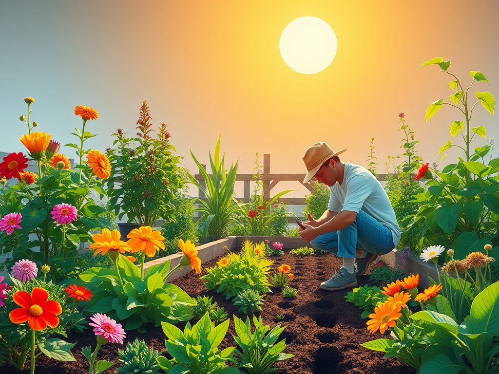 Een kleurrijke tuin met bloemen en een tuinier.