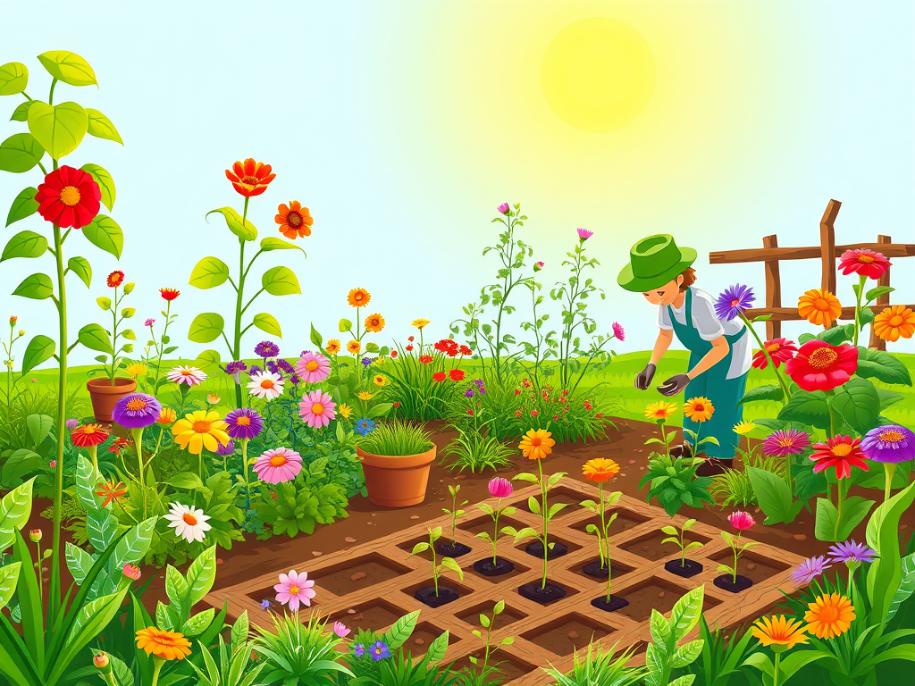 Een kleurrijke tuin met bloemen en een tuinier.