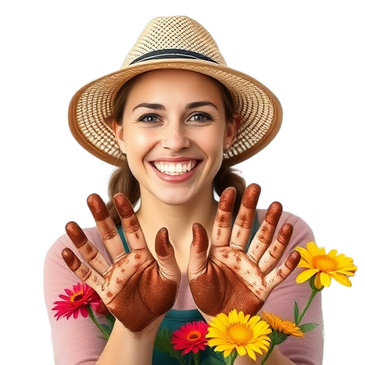 Een glimlachende persoon met bloemrijke handen en een hoed.