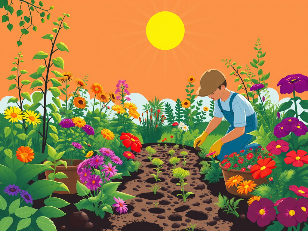 Een kleurrijke tuin met bloemen en een tuinier die zaait.