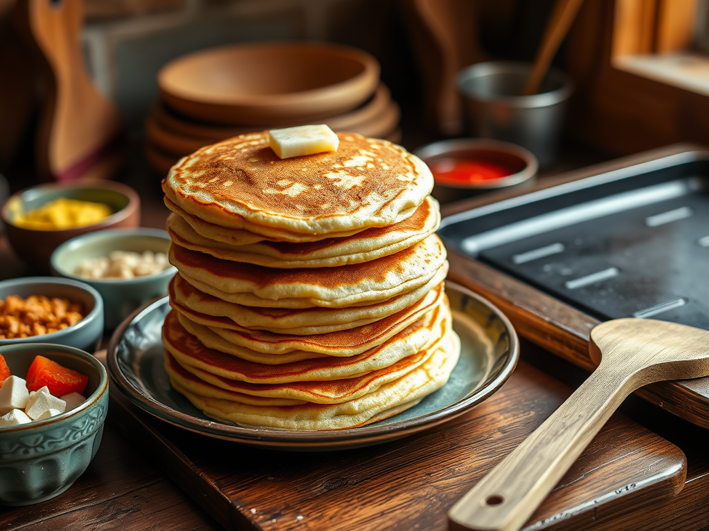 "a rustic kitchen scene" with "golden fluffy pancakes stacked on a ceramic plate" surrounded by "colorful bowls of sweet and savory toppings" and "a wooden spatula beside a hot griddle" under warm natural light.