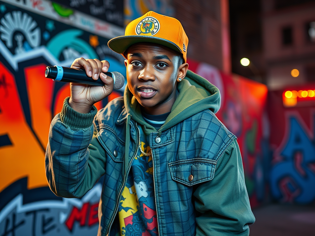 A confident teenage rapper with a microphone, vibrant urban graffiti background, dynamic pose, colorful streetwear, expressive performance energy, city night lights glowing.
