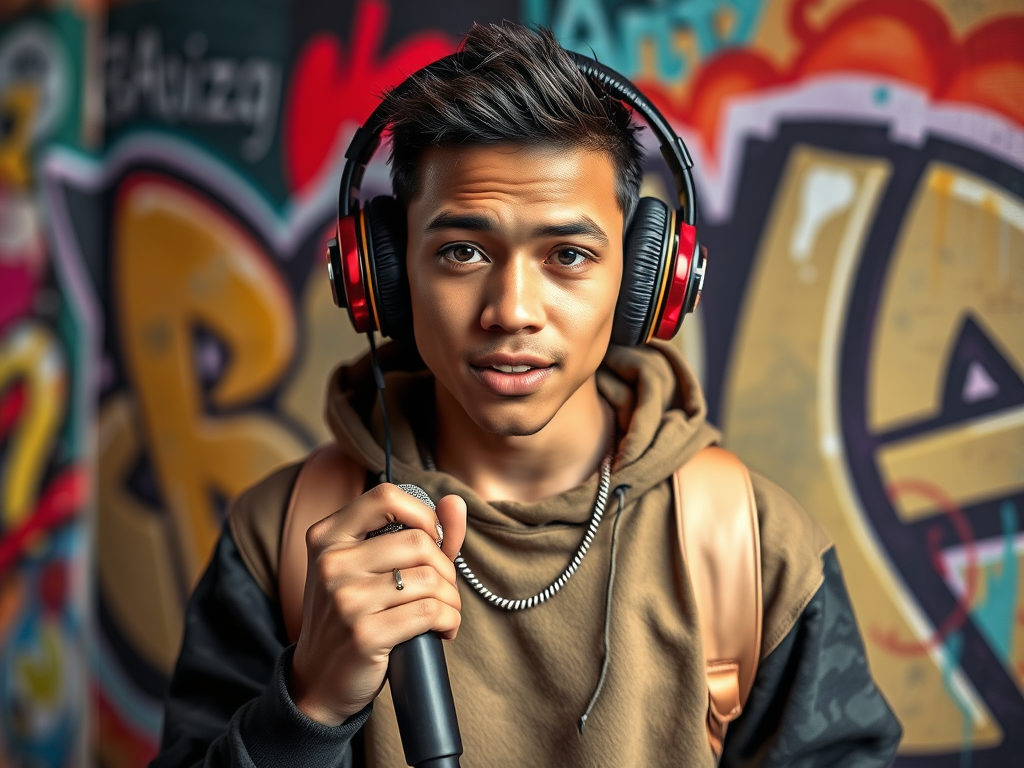 A confident teenage rapper with headphones, holding a microphone, vibrant graffiti background, dynamic pose, colorful urban style, energetic atmosphere.