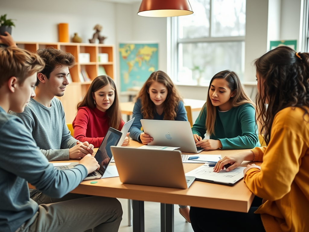 Jonge tieners brainstormen in een klaslokaal met laptops en plannen.