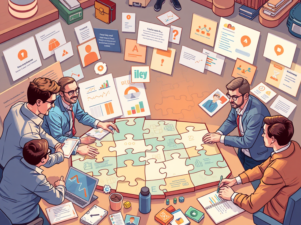Levendige team die puzzel samenstellen met grafieken en notities.