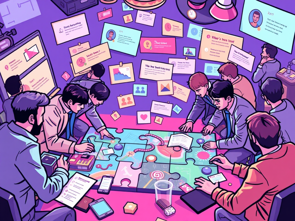 Interactief team brainstormen met puzzelstukken en digitale elementen