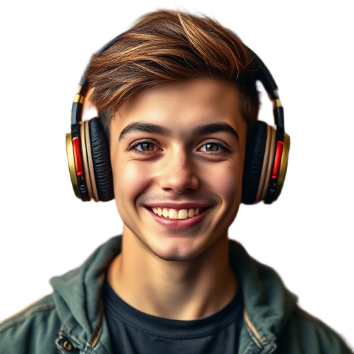 A focused young person smiling confidently, wearing headphones, vibrant graffiti background, expressive eyes, casual streetwear style, dynamic lighting.