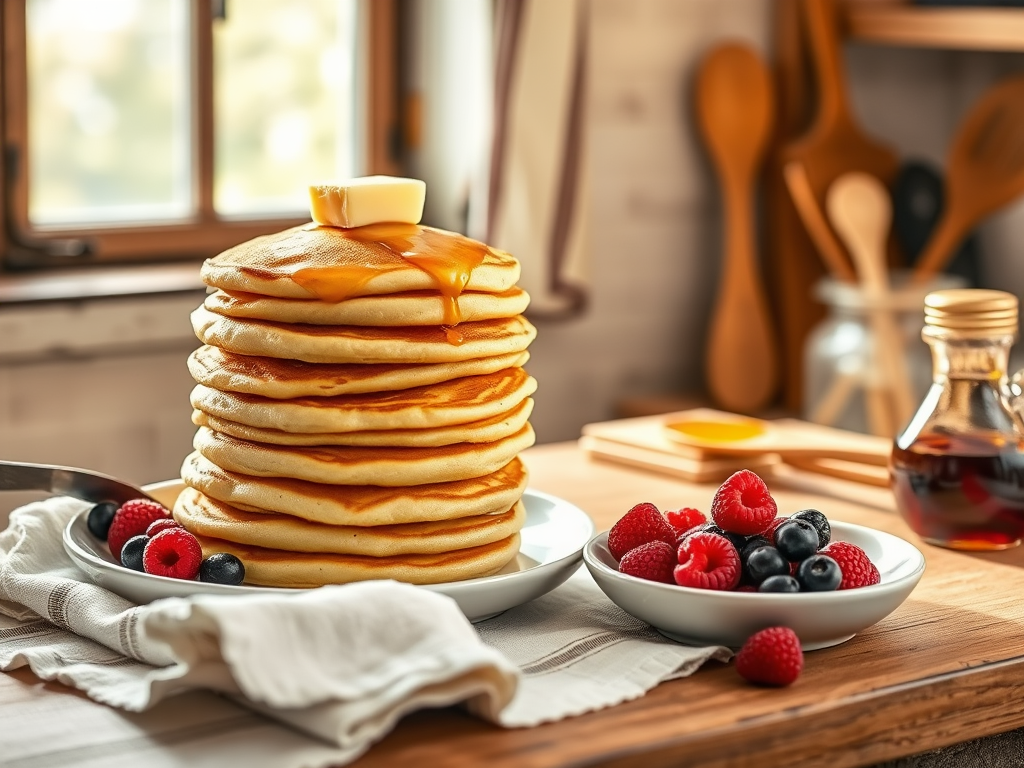 A rustic kitchen scene "golden fluffy pancakes stacked" "butter melting on top" "fresh berries and syrup nearby" "warm sunlight through window" "wooden utensils and ingredients"