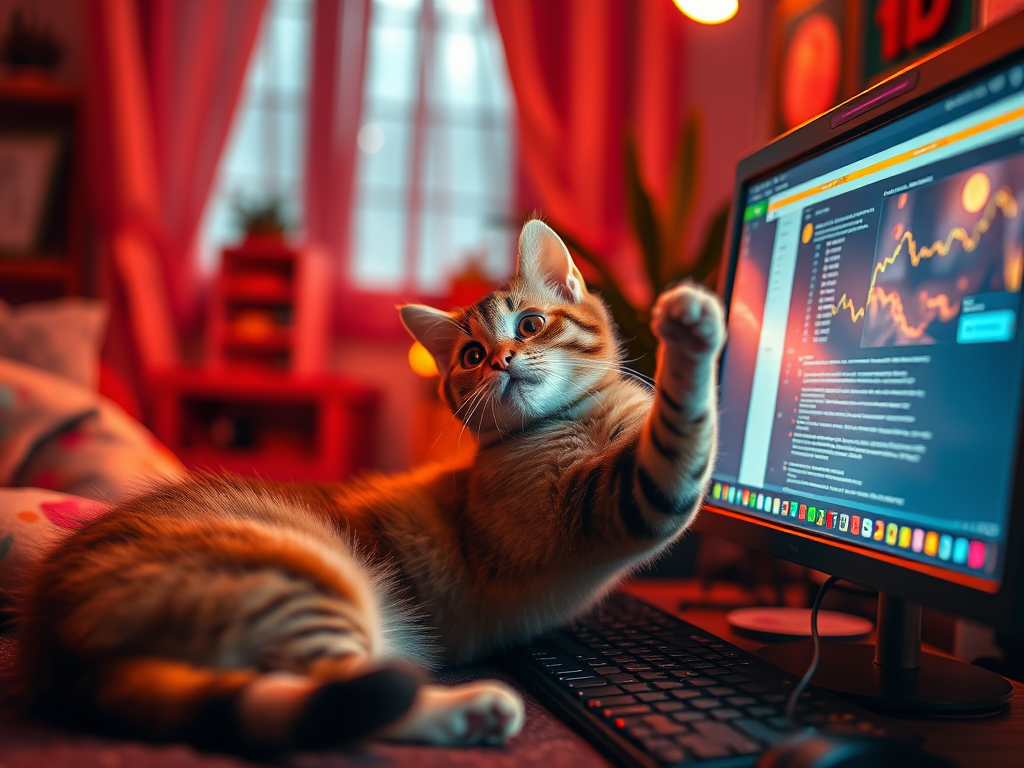 Cozy scene with a playful cat near a computer screen, vibrant colors, inviting atmosphere, warm lighting.