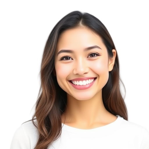 A joyful young woman smiling confidently with a clean white background, bright eyes, natural makeup, soft lighting, and relaxed posture.