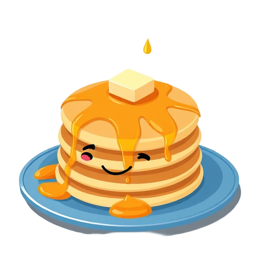 "golden pancake" "butter melting" "stacked layers" "blue plate" "syrup drizzle" "smiling face"