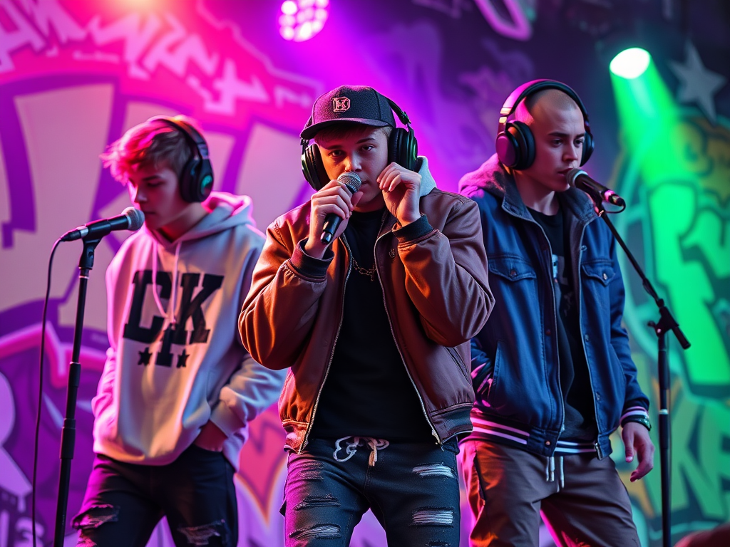 "teenagers in urban streetwear" "microphones and headphones" "hip-hop graffiti background" "dynamic rapper performing on stage" "vibrant colorful lights" "creative energy and music flow"
