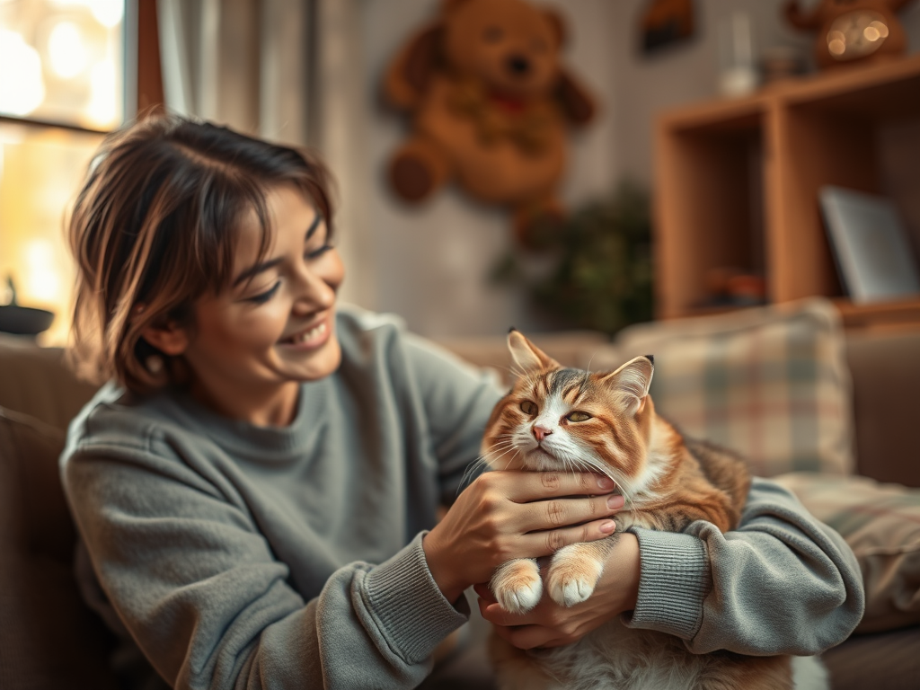 A loving cat owner gently petting a contented cat in a cozy home, warm lighting, soft textures, joyful atmosphere.