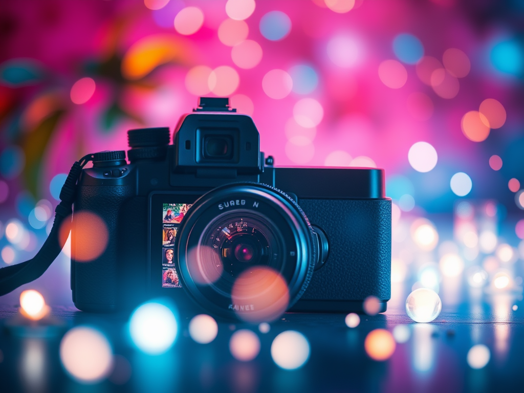 Camera met kleurrijke bokeh-lichten op de achtergrond.