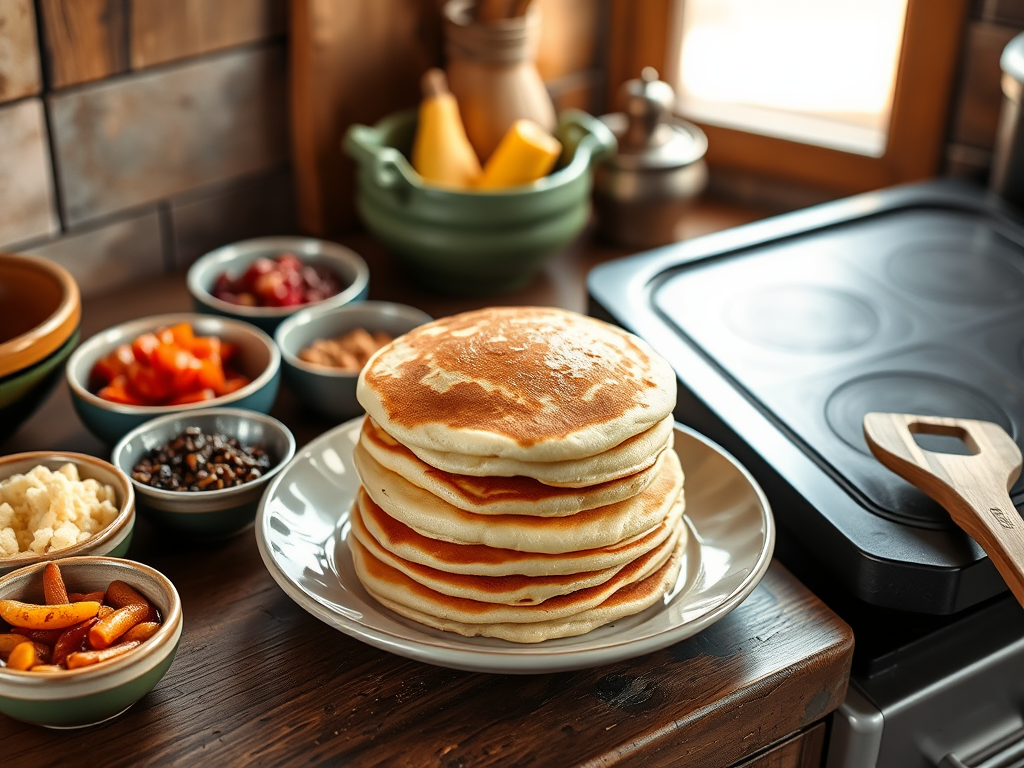 "a rustic kitchen scene" with "golden fluffy pancakes stacked on a ceramic plate" surrounded by "colorful bowls of sweet and savory toppings" and "a wooden spatula beside a hot griddle" under warm natural light.