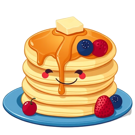 "stack of pancakes" "golden brown" "dripping syrup" "butter pat" "fresh berries" "blue plate" "smiling face"
