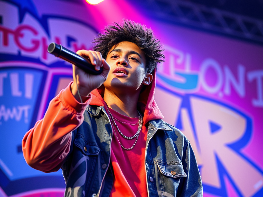 A confident teenage rapper on stage, vibrant colorful graffiti background, dynamic microphone in hand, expressive facial expression, spotlight shining bright.