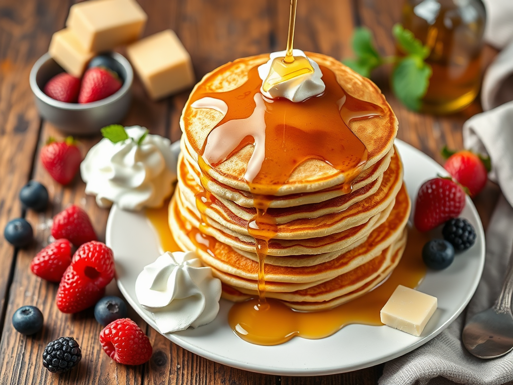"Golden pancakes stacked high" with "dripping maple syrup" on a "rustic wooden table," surrounded by "fresh berries," "whipped cream," and "butter melting."