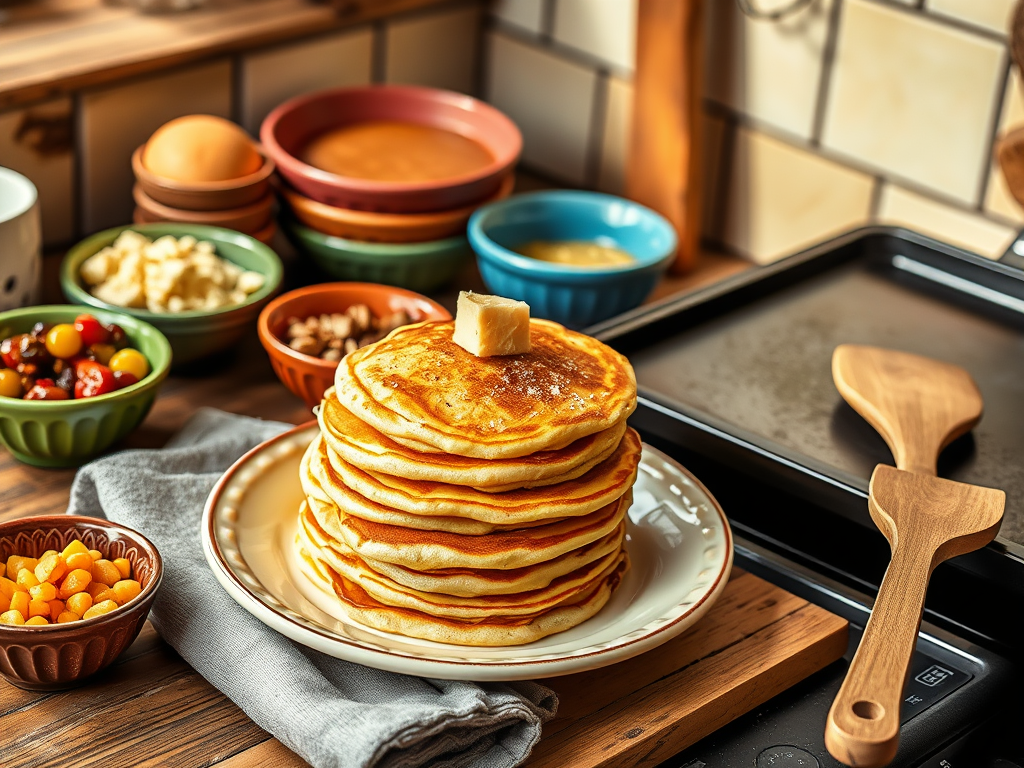 "a rustic kitchen scene" with "golden fluffy pancakes stacked on a ceramic plate" surrounded by "colorful bowls of sweet and savory toppings" and "a wooden spatula beside a hot griddle" under warm natural light.