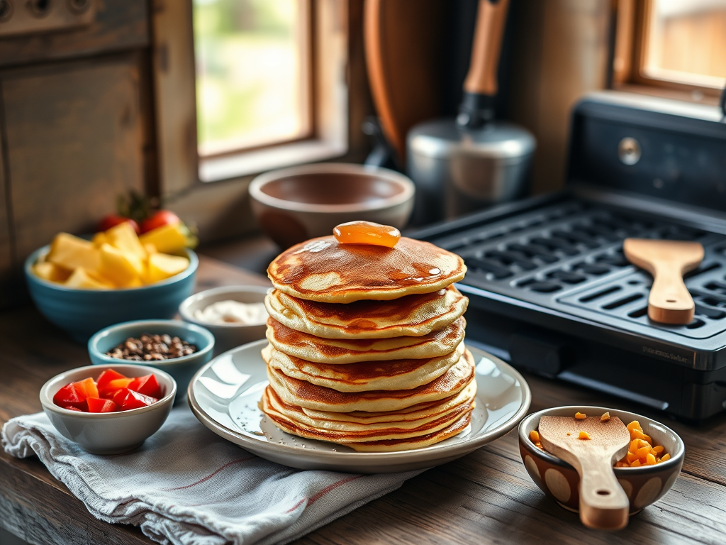 "a rustic kitchen scene" with "golden fluffy pancakes stacked on a ceramic plate" surrounded by "colorful bowls of sweet and savory toppings" and "a wooden spatula beside a hot griddle" under warm natural light.