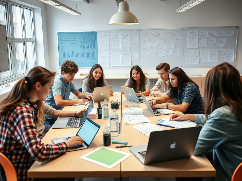 Jonge tieners brainstormen rond tafel met laptops en plannen in een levendige klas.