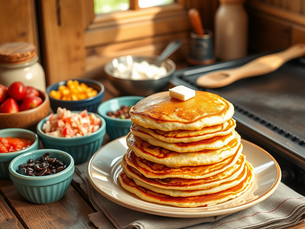 "a rustic kitchen scene" with "golden fluffy pancakes stacked on a ceramic plate" surrounded by "colorful bowls of sweet and savory toppings" and "a wooden spatula beside a hot griddle" under warm natural light.