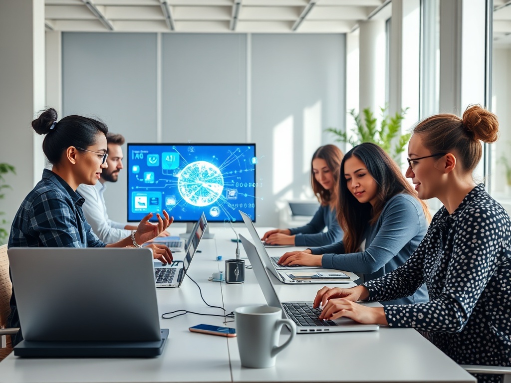 "A bright, modern workspace where diverse professionals casually explore AI on laptops; holographic data streams, no-code tools, friendly instructor guiding, soft morning light."