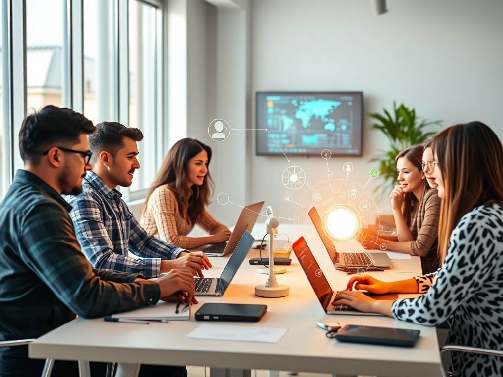"A bright, modern workspace where diverse professionals casually explore AI on laptops; holographic data streams, no-code tools, friendly instructor guiding, soft morning light."
