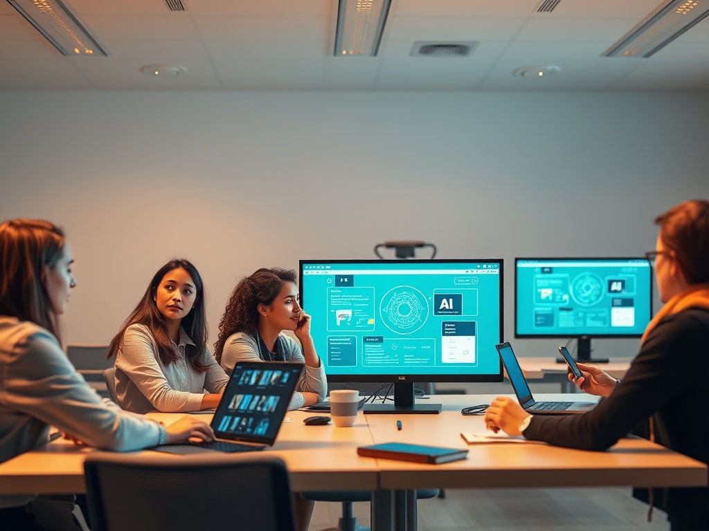 A welcoming, modern classroom scene with diverse professionals discovering AI; no-code tools on screens, warm lighting, subtle futuristic accents, calm focus.
