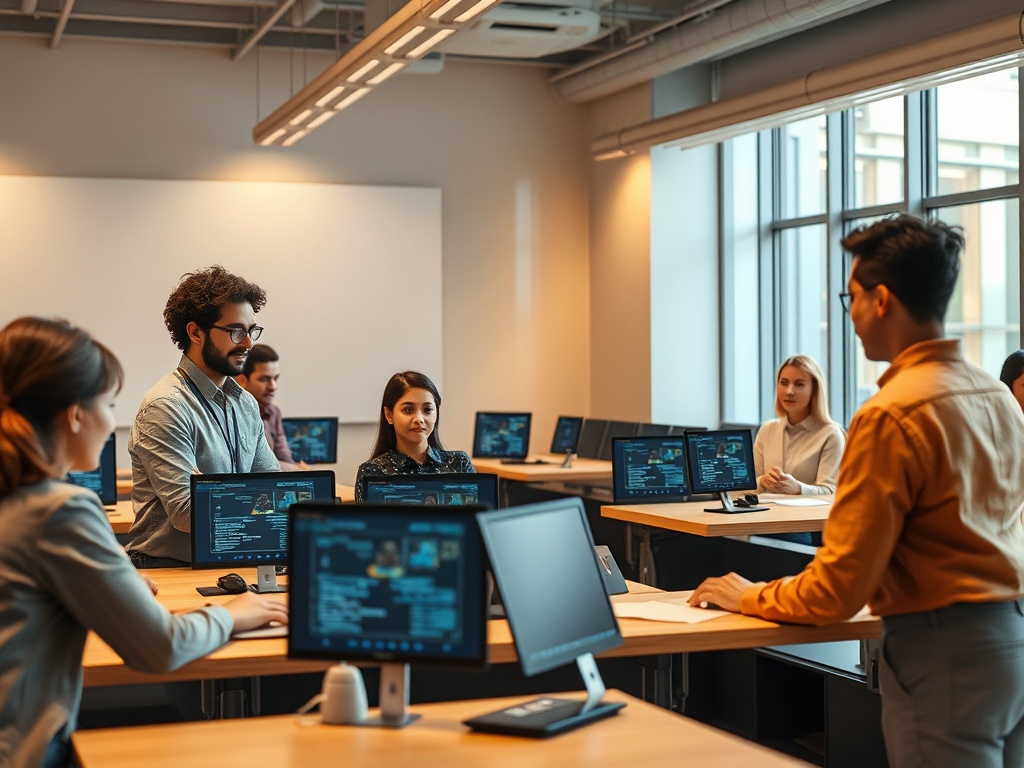 A welcoming, modern classroom scene with diverse professionals discovering AI; no-code tools on screens, warm lighting, subtle futuristic accents, calm focus.