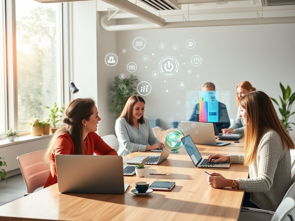 "A bright, modern workspace where diverse professionals casually explore AI on laptops; holographic data streams, no-code tools, friendly instructor guiding, soft morning light."