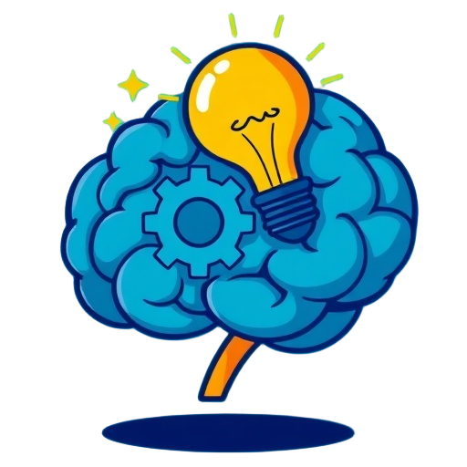 "An open blue-brain with gears and sparkles next to a friendly yellow lightbulb, both stylized in chunky shapes, outlined in dark navy, set against a bright cyan backdrop"