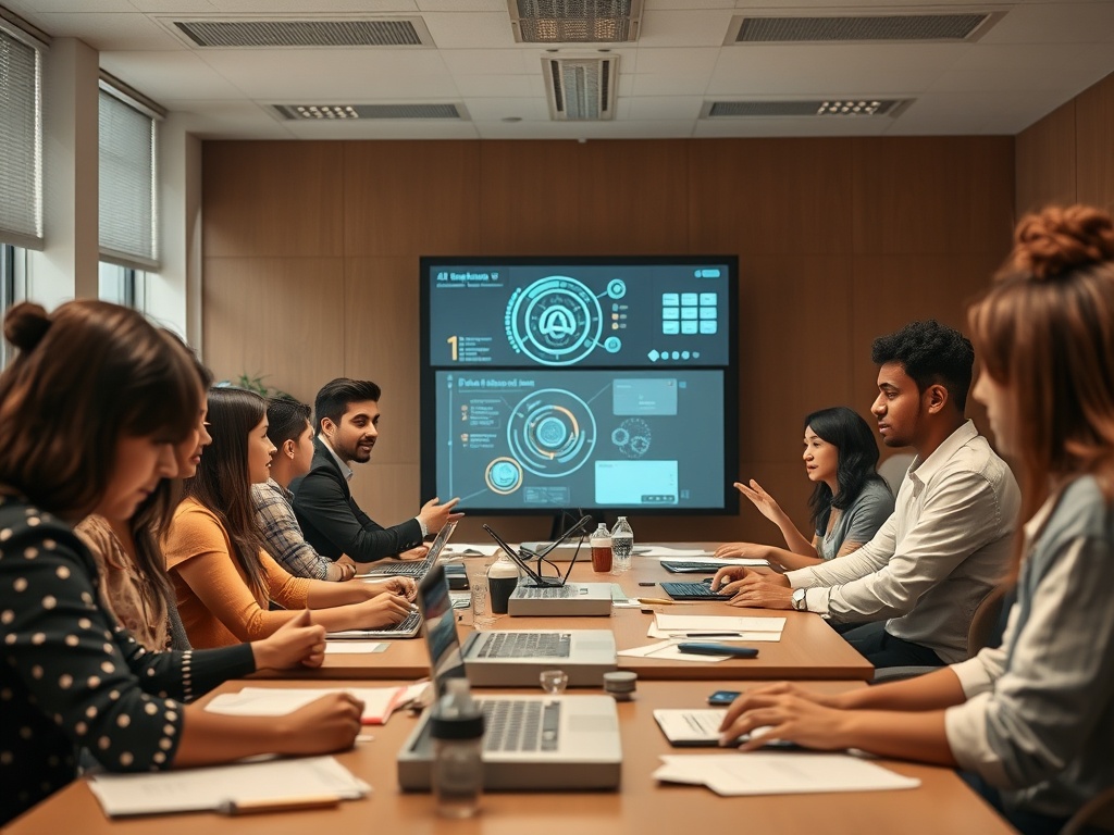 A welcoming, modern classroom scene with diverse professionals discovering AI; no-code tools on screens, warm lighting, subtle futuristic accents, calm focus.
