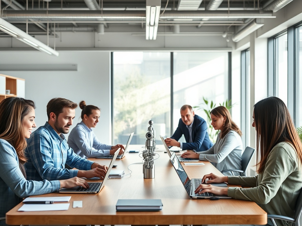 "A bright, modern workspace where diverse professionals casually explore AI on laptops; holographic data streams, no-code tools, friendly instructor guiding, soft morning light."