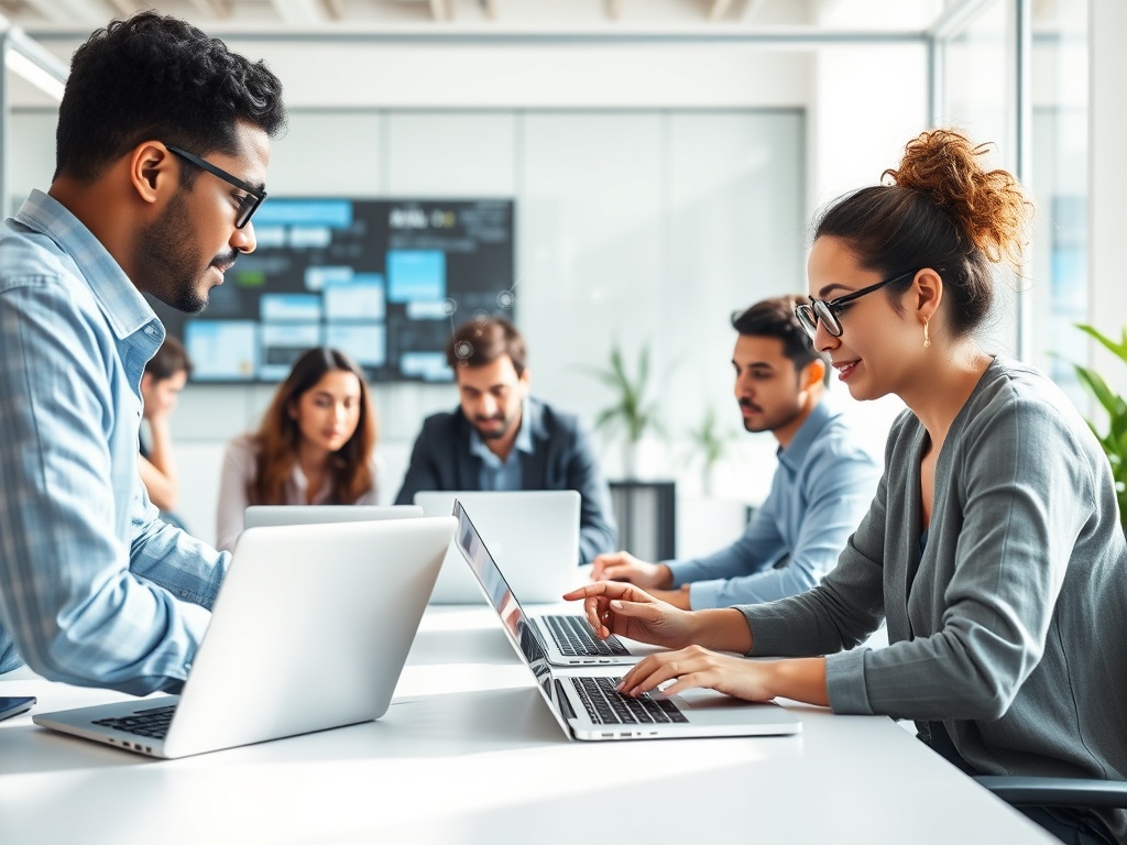 "A bright, modern workspace where diverse professionals casually explore AI on laptops; holographic data streams, no-code tools, friendly instructor guiding, soft morning light."