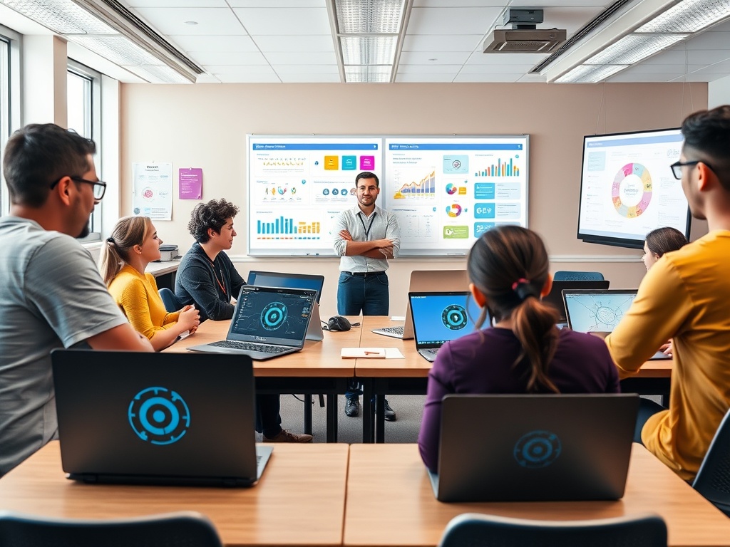"A warm, approachable classroom scene with a diverse group learning AI basics; a friendly instructor guiding beginners, laptops open, colorful infographics on display, modern tech vibe."