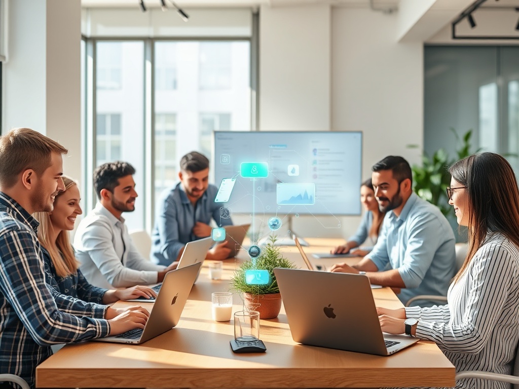 "A bright, modern workspace where diverse professionals casually explore AI on laptops; holographic data streams, no-code tools, friendly instructor guiding, soft morning light."