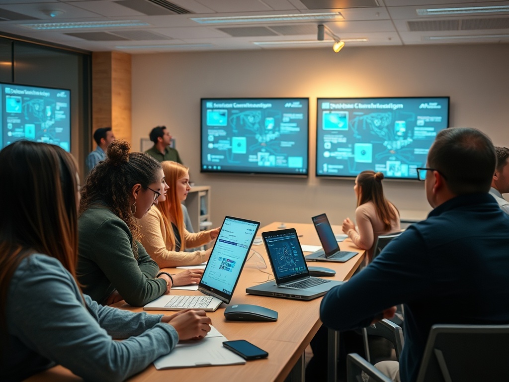 A welcoming, modern classroom scene with diverse professionals discovering AI; no-code tools on screens, warm lighting, subtle futuristic accents, calm focus.