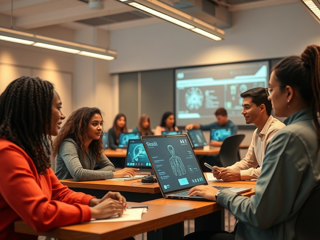 A welcoming, modern classroom scene with diverse professionals discovering AI; no-code tools on screens, warm lighting, subtle futuristic accents, calm focus.