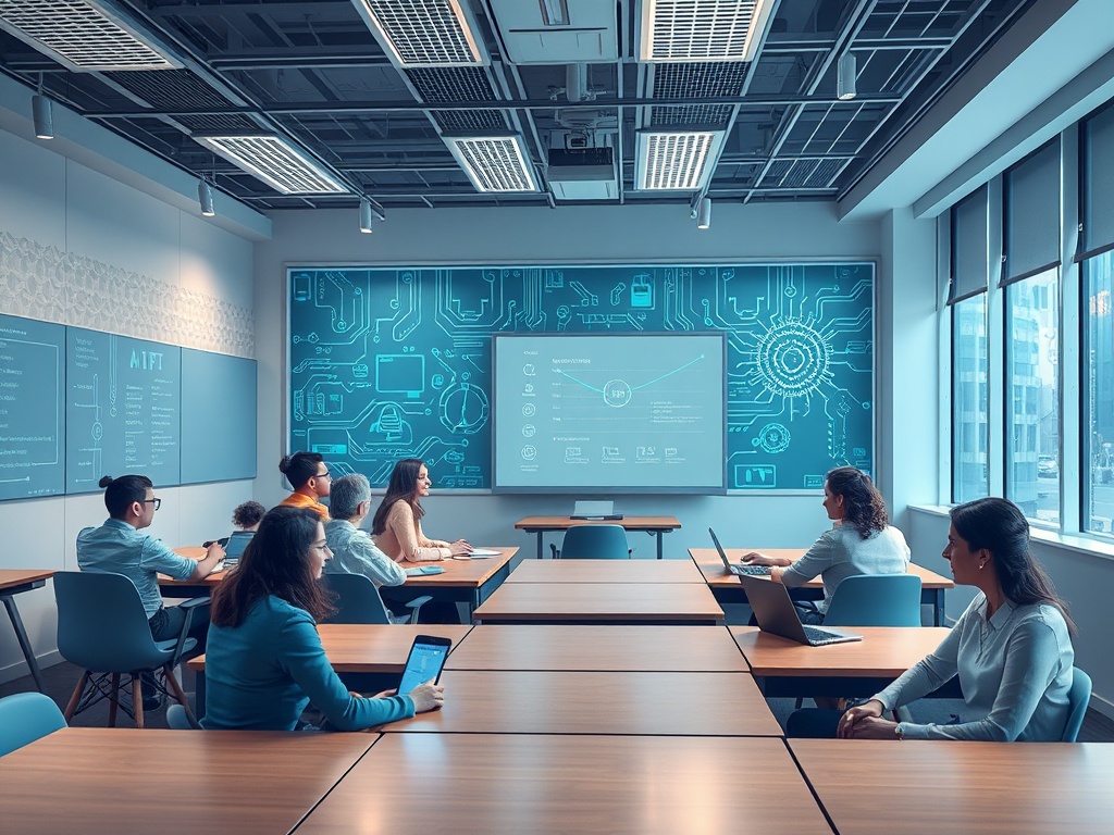 "A welcoming, modern classroom scene infused with soft AI-themed imagery—geometric circuits, glowing data streams, and friendly, diverse people exploring no-code AI tools together."