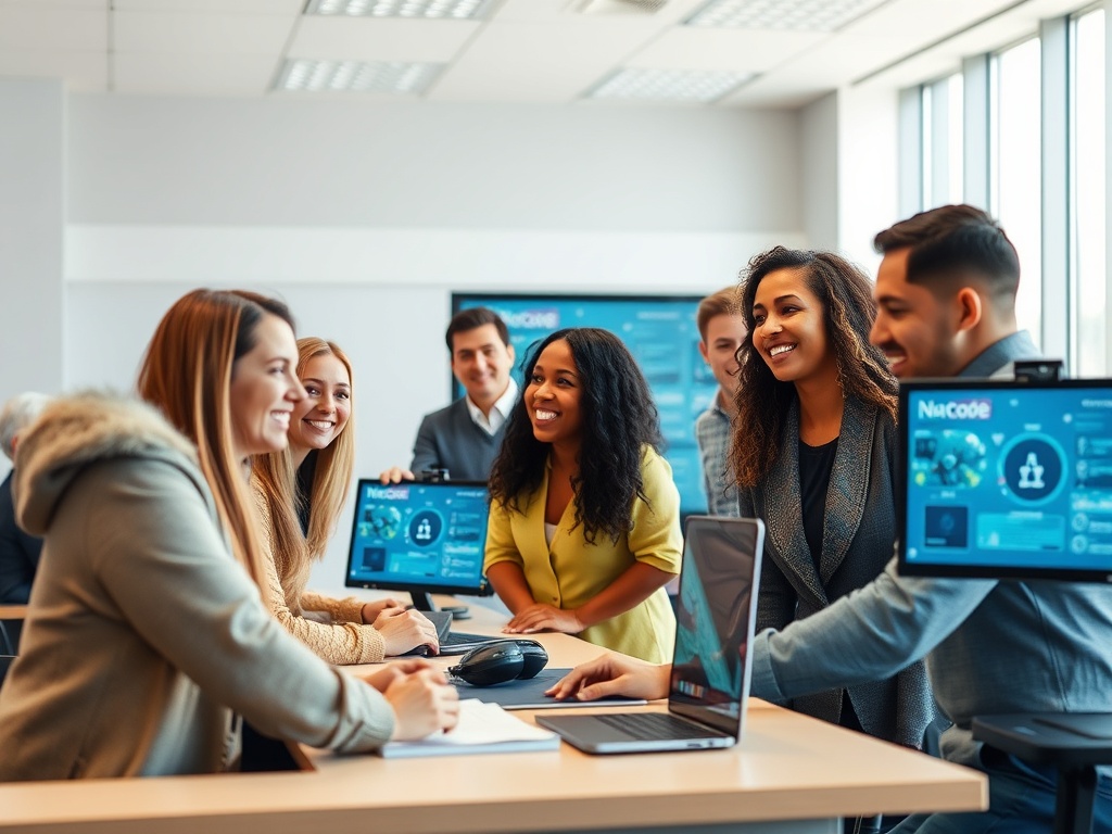 A diverse group of professionals in a bright, modern classroom, interacting with no-code AI interfaces on screens, warm smiles, collaborative atmosphere, soft lighting.