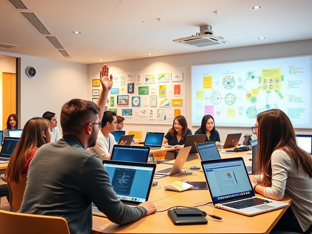 "A bright, inviting classroom of beginners exploring AI on laptops, colorful diagrams on a wall, a curious person raising a hand, warm lighting, modern tech vibe, no code tools visible."