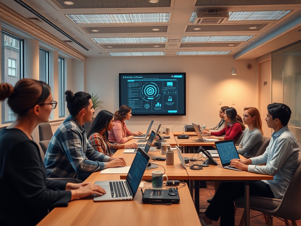 A welcoming, modern classroom scene with diverse professionals discovering AI; no-code tools on screens, warm lighting, subtle futuristic accents, calm focus.