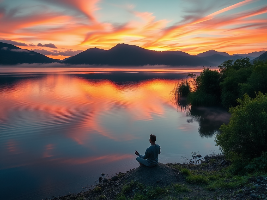 Een persoon mediteert aan de oever van een meer tijdens zonsopgang.