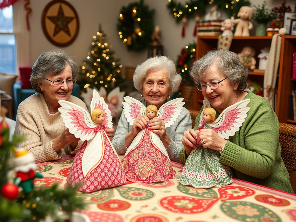 Vrouwelijke quilters boven de 60 maken kleurrijke stofengelen.