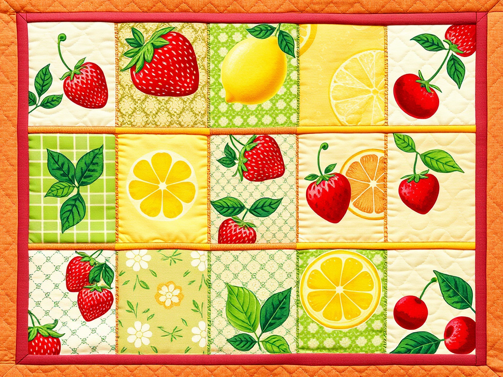A colorful quilt featuring "juicy strawberries" and "lime and lemon patchwork blocks," with "cherry patterns" stitched by hand and machine, showcasing detailed fabric textures.