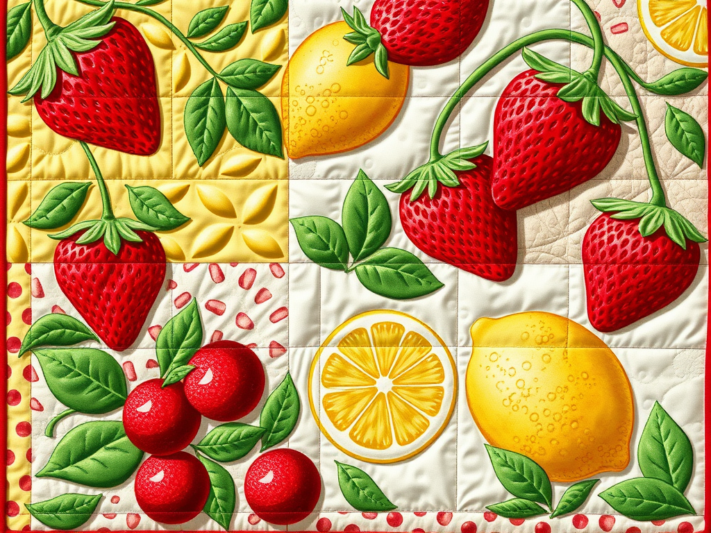 A colorful quilt featuring "juicy strawberries" and "lime and lemon patchwork blocks," with "cherry patterns" stitched by hand and machine, showcasing detailed fabric textures.