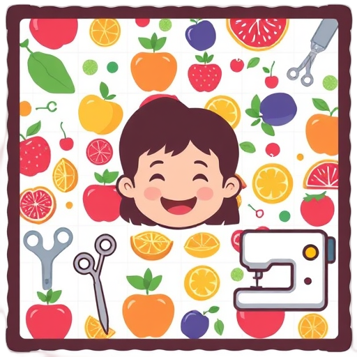 "colorful quilt" "fruit pattern" "sewing tools" "step by step" "video screen" "happy person"