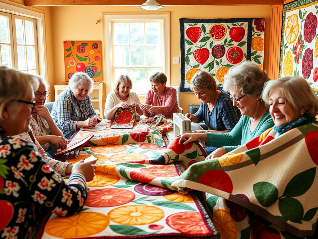 "a vibrant quilt workshop scene" "people joyfully quilting together" "colorful fruit-themed quilts in progress" "warm, inviting room filled with natural light" "smiling faces sharing creativity and support"